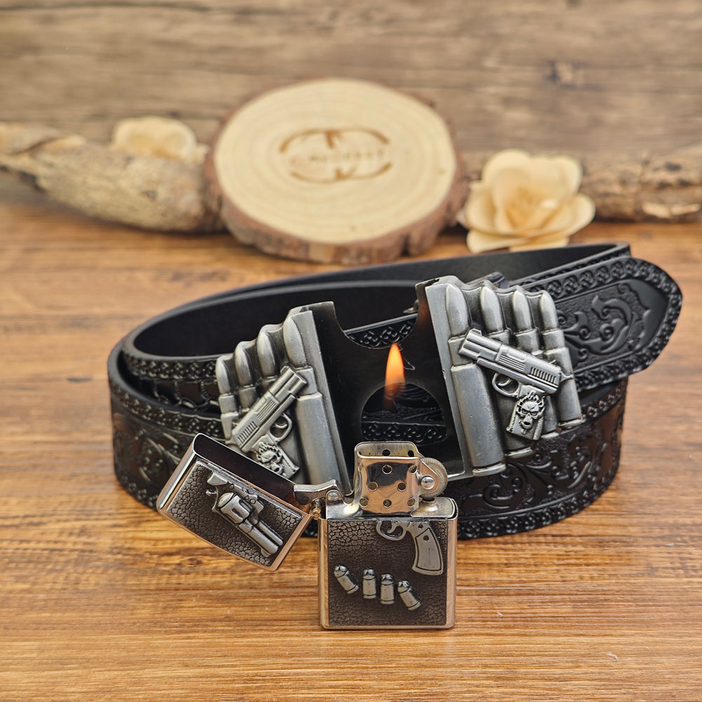 Mens Black Leather Belt with Hidden Lighter Gun Bullet Buckle