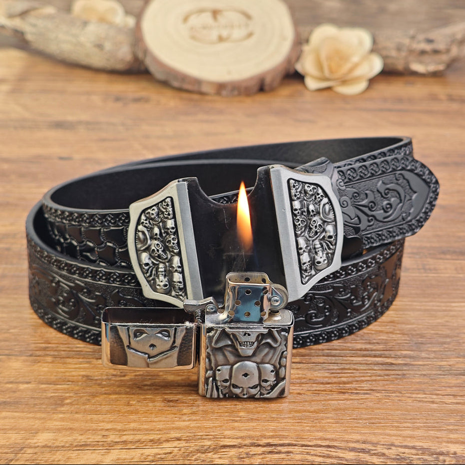 Mens Black Leather Belt with Hidden Lighter Grim Reaper Buckle