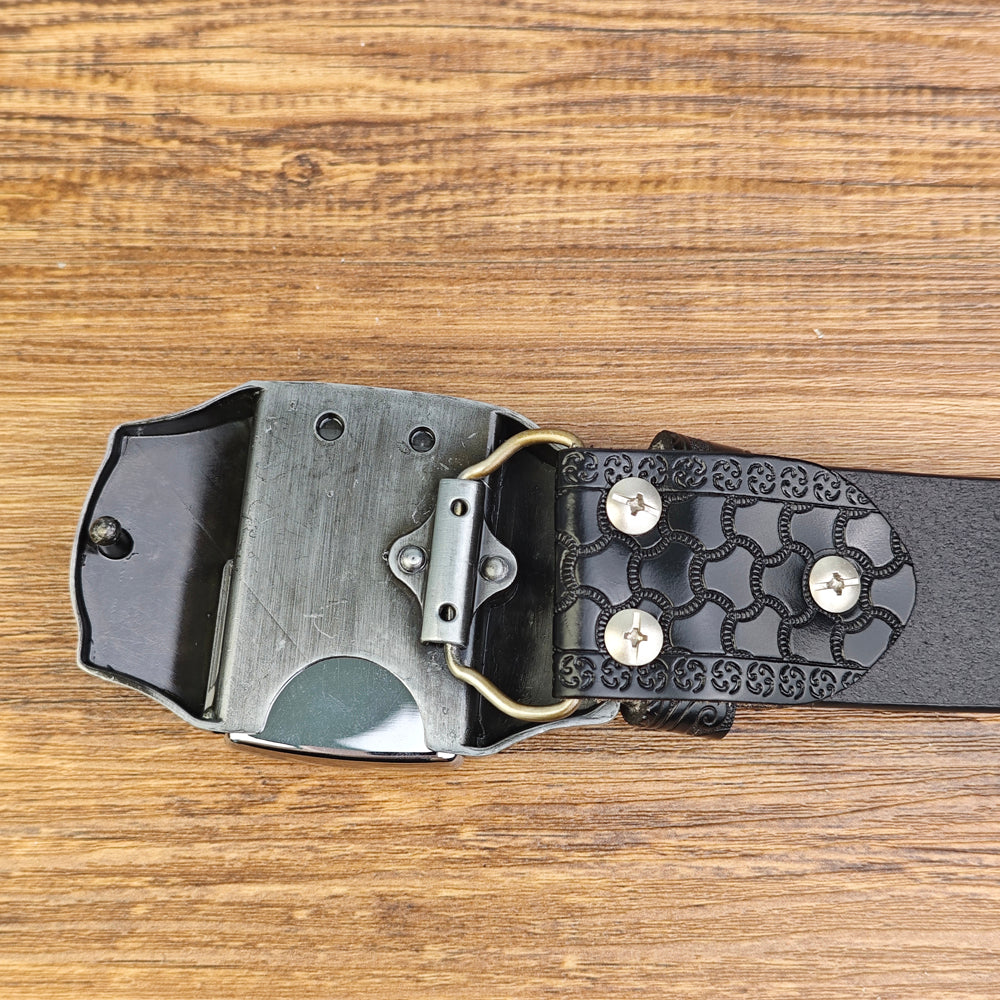 Mens Black Leather Belt with Hidden Lighter Grim Reaper Buckle