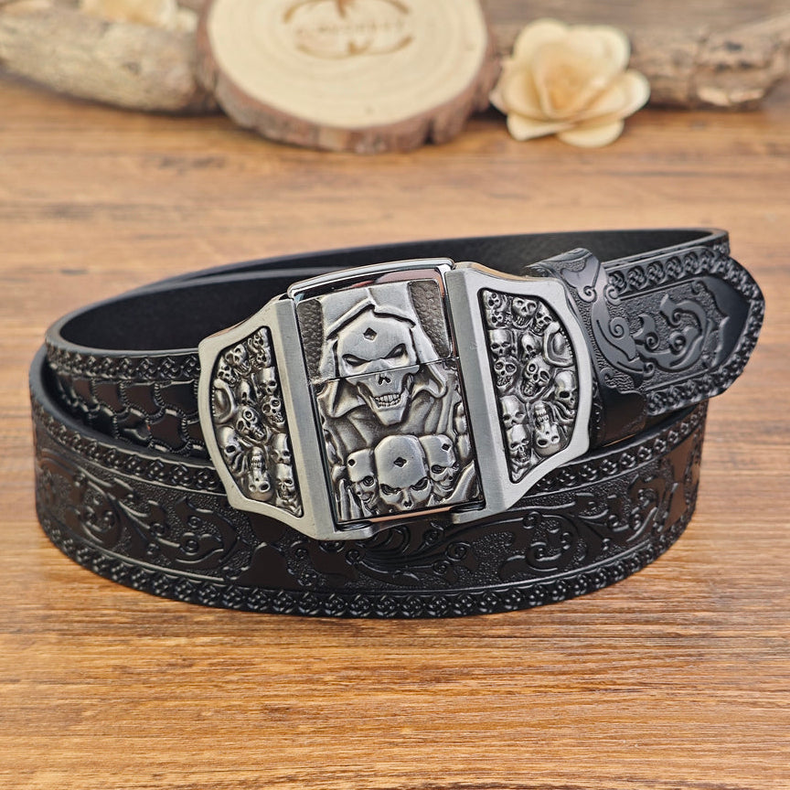 Mens Black Leather Belt with Hidden Lighter Grim Reaper Buckle
