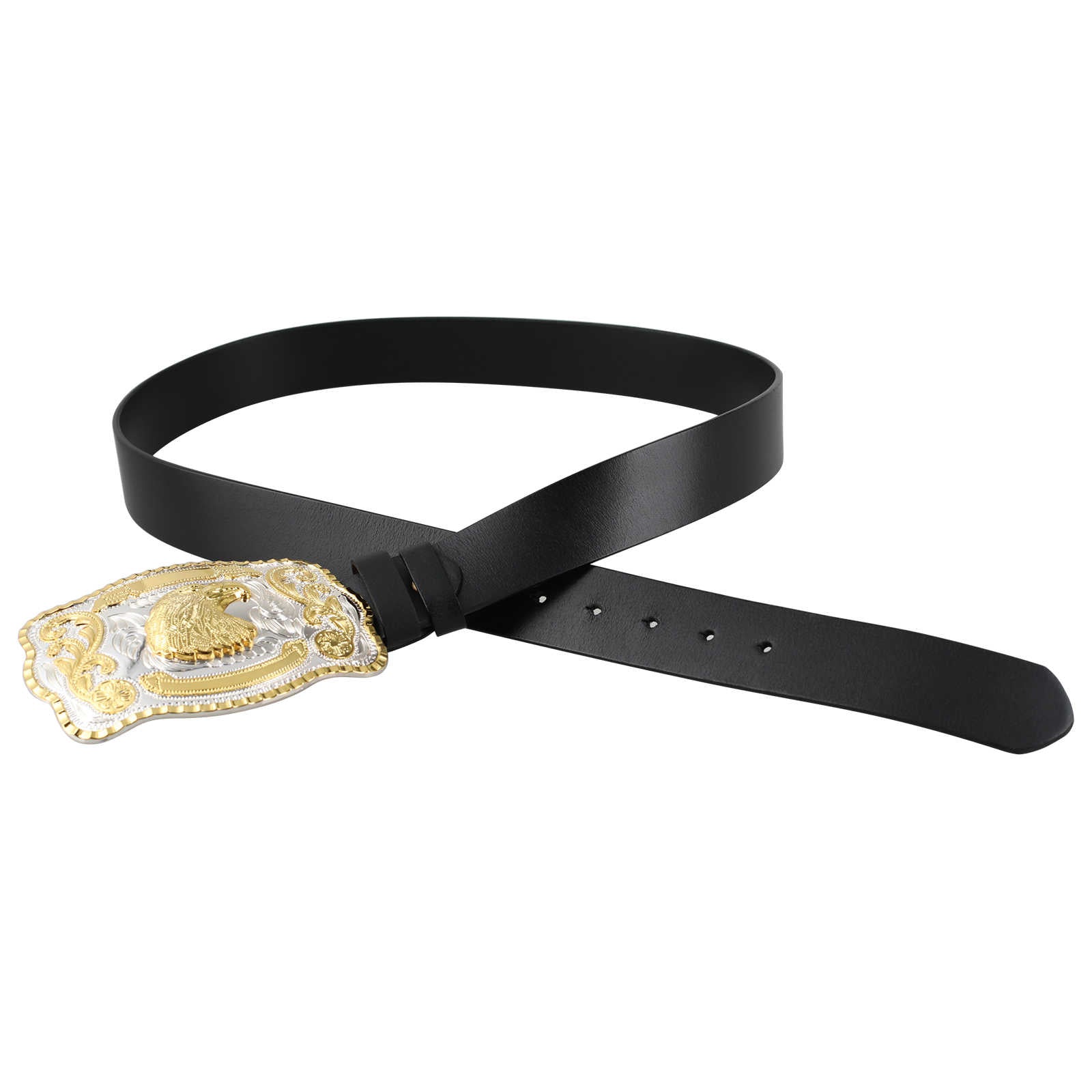 Mens Black Leather Western Belt Large Gold Silver Trophy Buckle