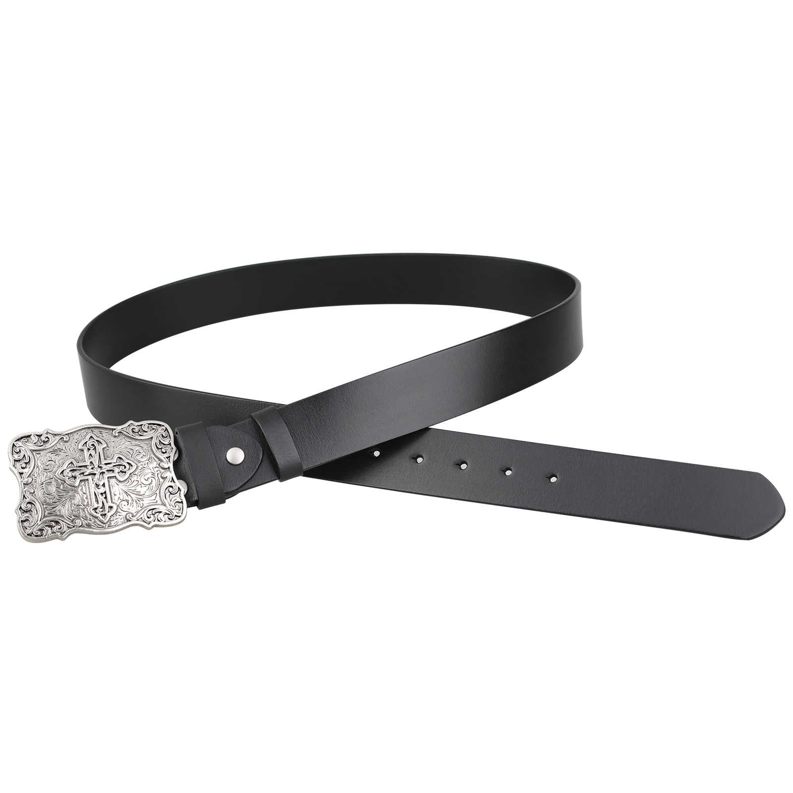 Mens Genuine Leather Western Belt Silver Cross Floral Buckle Christian