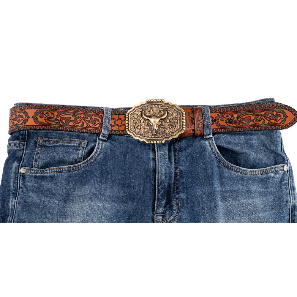 Mens Western Floral Tooled Leather Belt Bull Skull Gold Octagon Buckle Cowboy