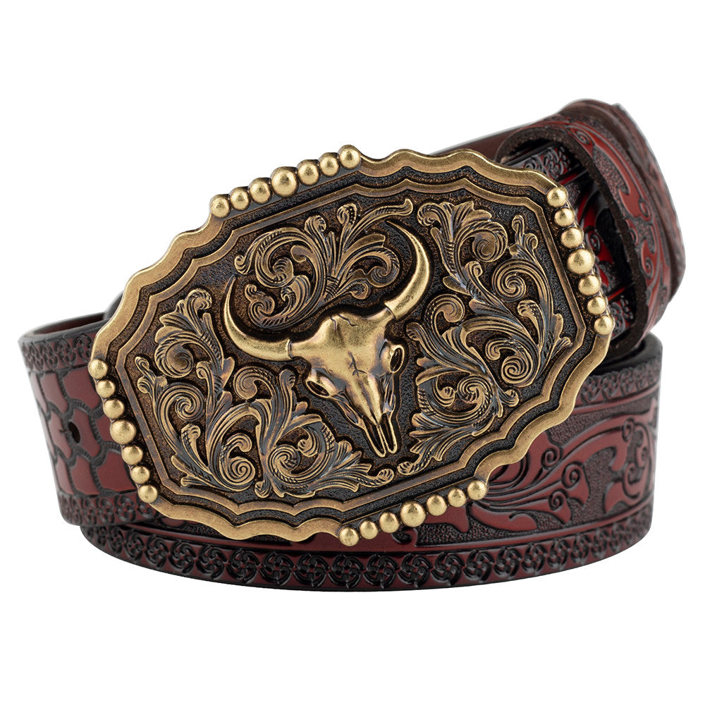 Mens Western Floral Tooled Leather Belt Bull Skull Gold Octagon Buckle Cowboy