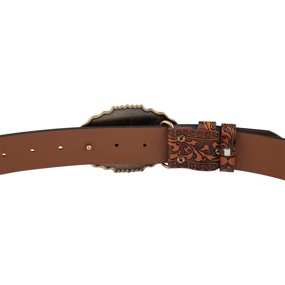 Mens Western Floral Tooled Leather Belt Bull Skull Gold Octagon Buckle Cowboy