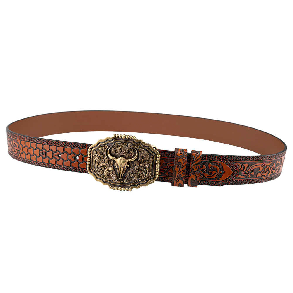 Mens Western Floral Tooled Leather Belt Bull Skull Gold Octagon Buckle Cowboy