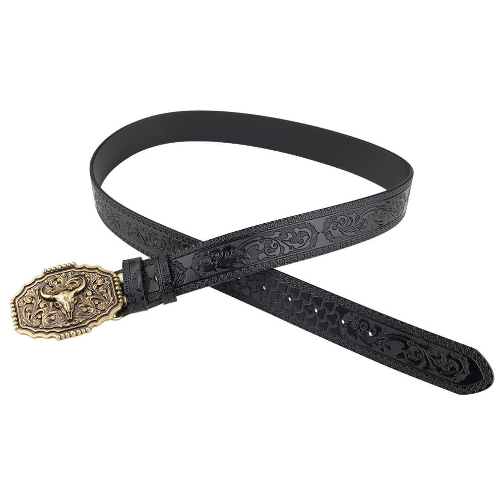 Mens Western Floral Tooled Leather Belt Bull Skull Gold Octagon Buckle Cowboy