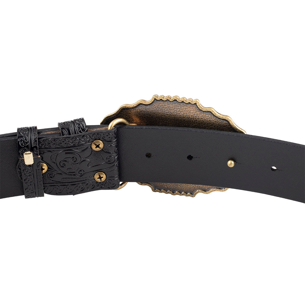 Mens Western Floral Tooled Leather Belt Bull Skull Gold Octagon Buckle Cowboy