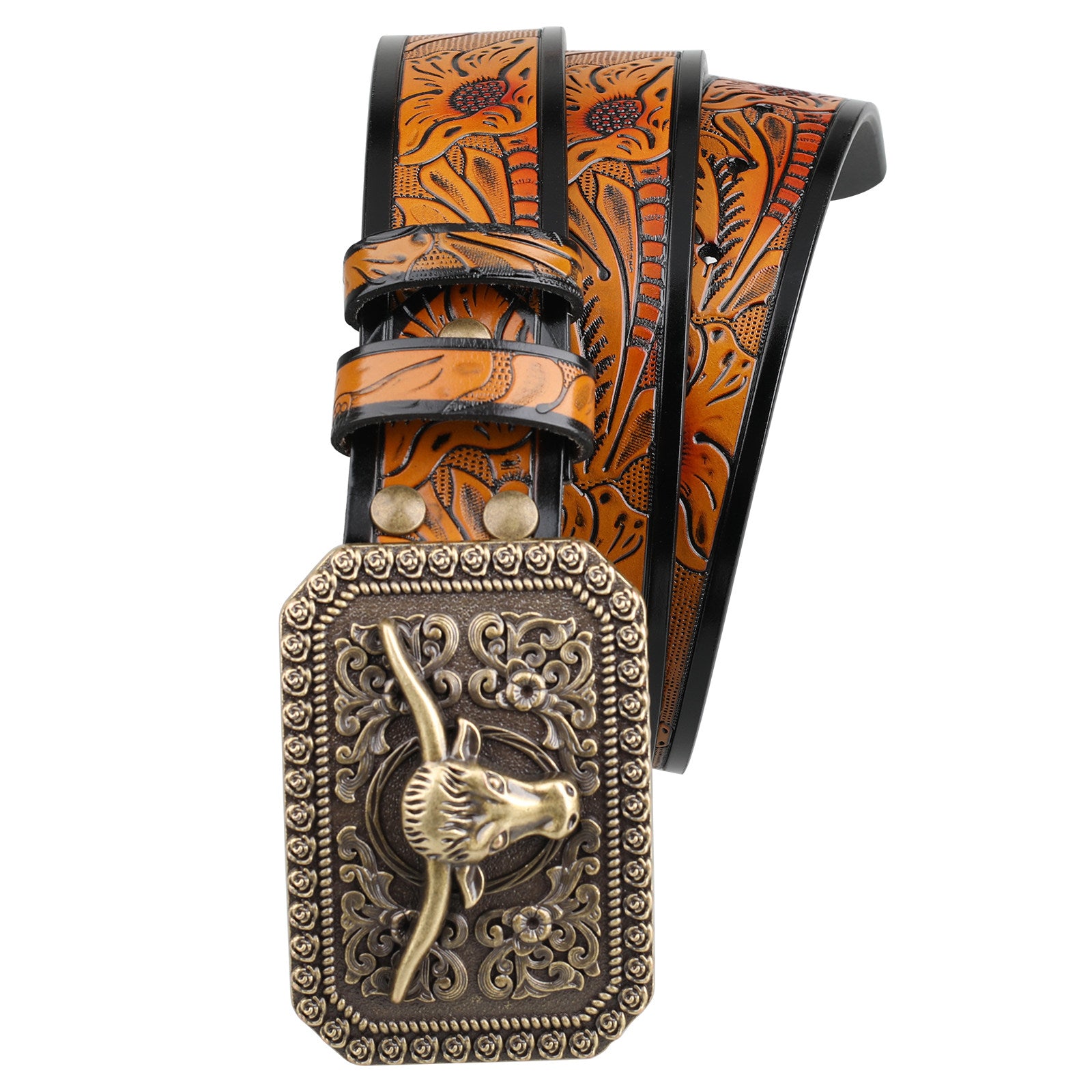 Mens Longhorn Western Leather Belt with Antique Bronze Bull Buckle