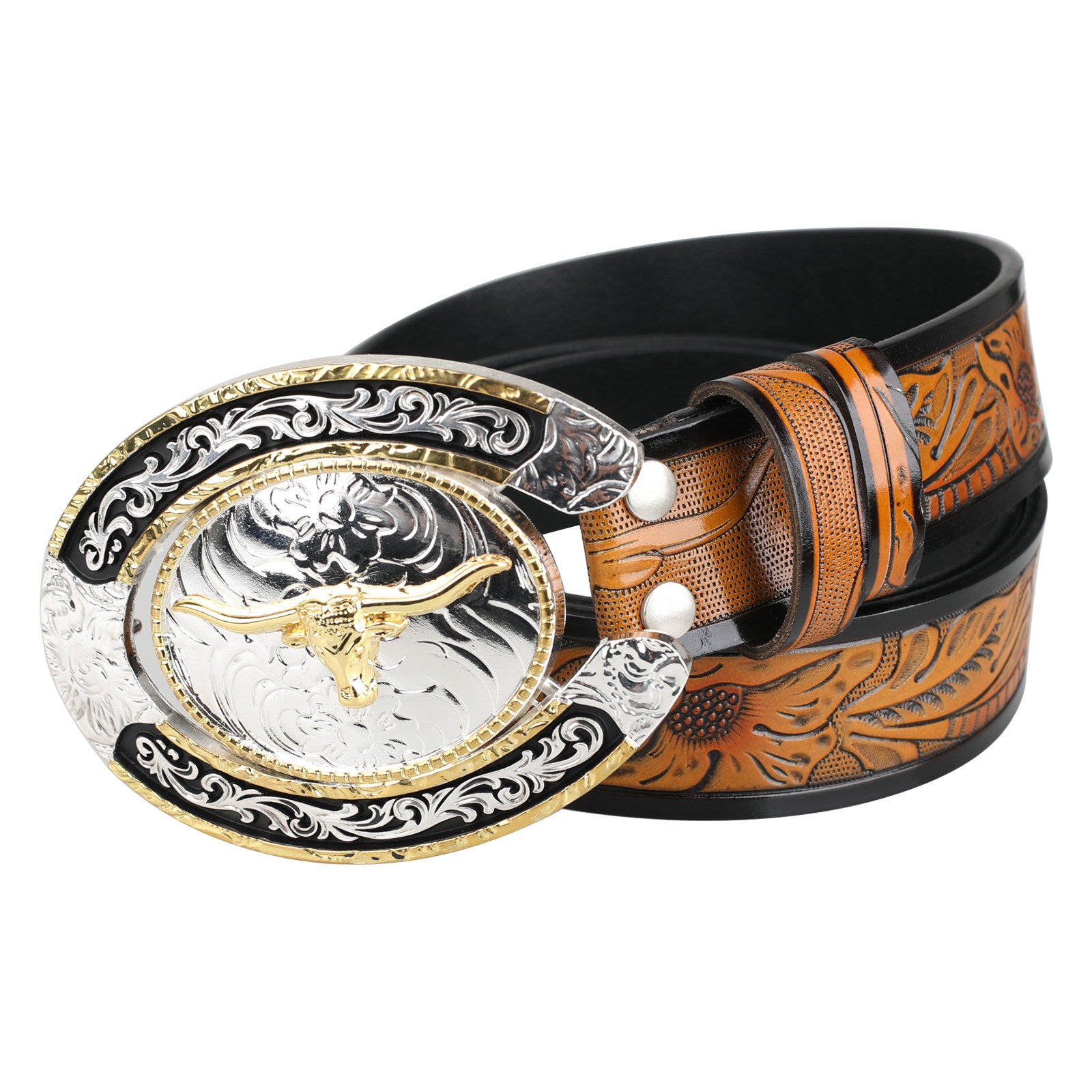 Mens Western Longhorn Floral Tooled Leather Belt Gold Silver Oval Buckle Cowboy