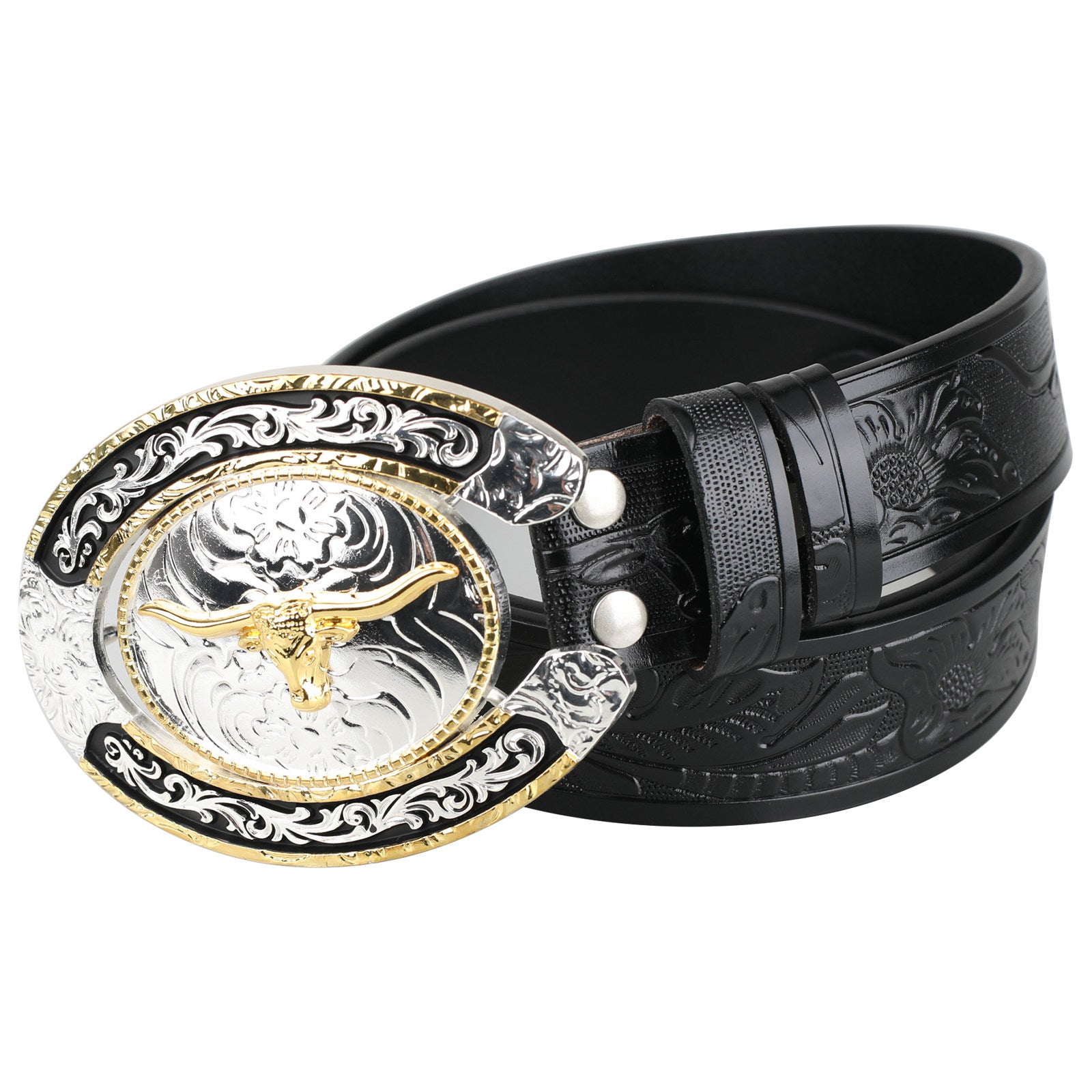Mens Western Longhorn Floral Tooled Leather Belt Gold Silver Oval Buckle Cowboy