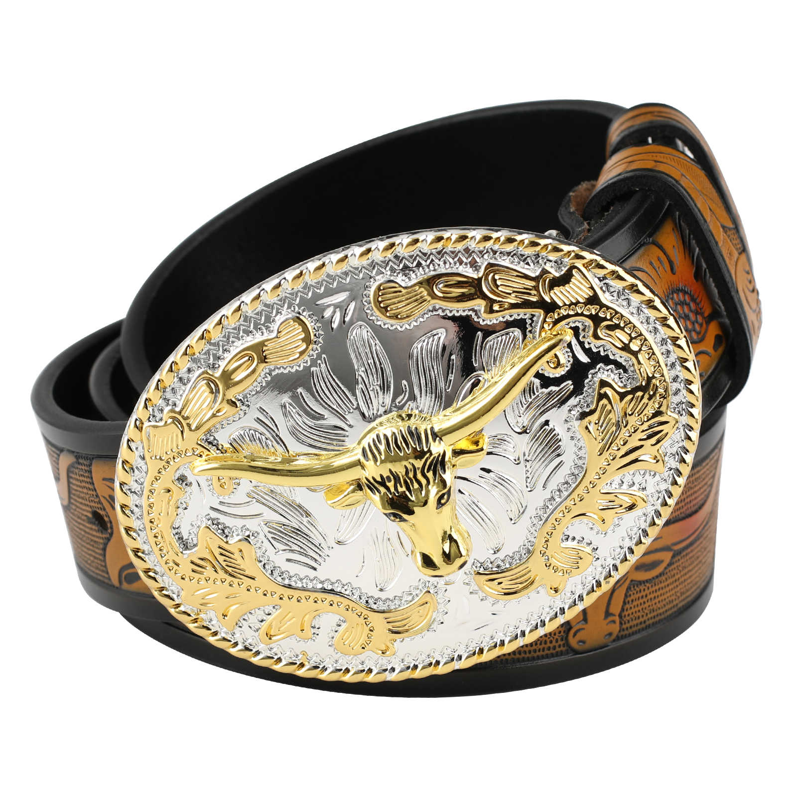 Mens Western Longhorn Leather Belt Gold Silver Oval Bull Buckle Cowboy