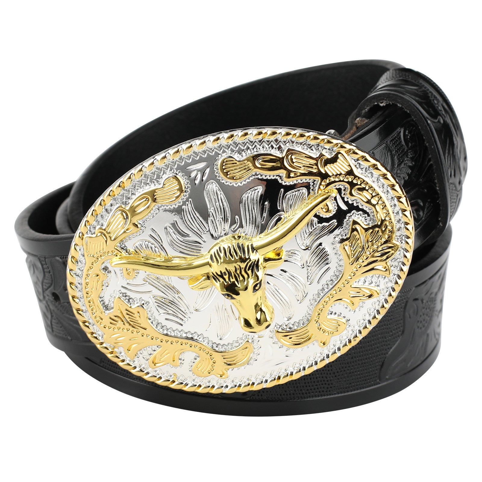 Mens Western Longhorn Leather Belt Gold Silver Oval Bull Buckle Cowboy