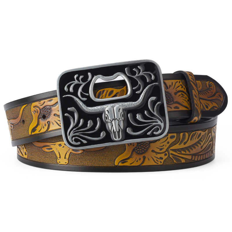 Mens Western Longhorn Tooled Cowboy Leather Belt Bottle Opener Buckle