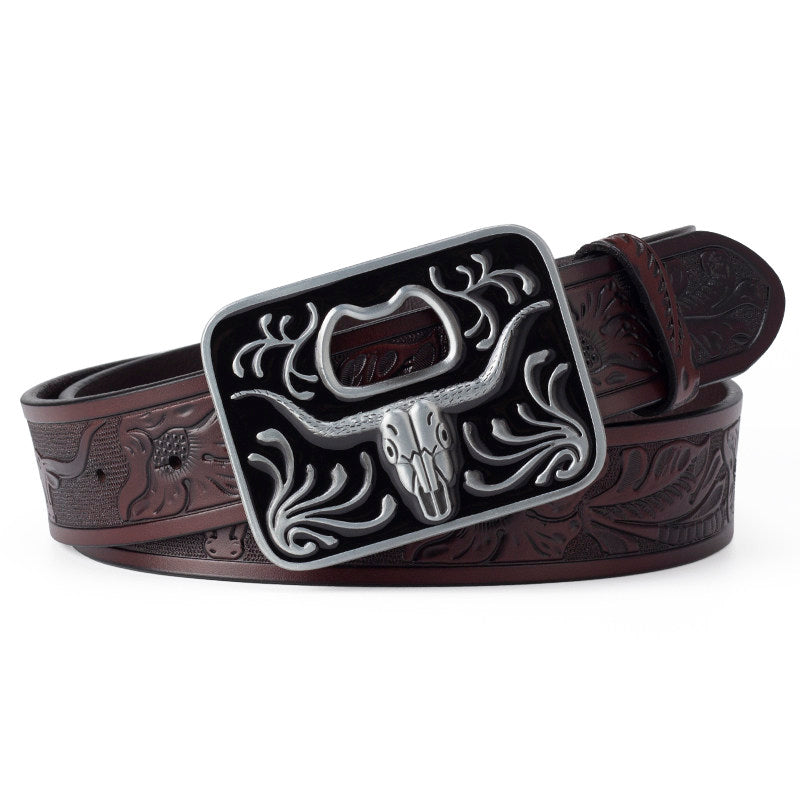 Mens Western Longhorn Tooled Cowboy Leather Belt Bottle Opener Buckle