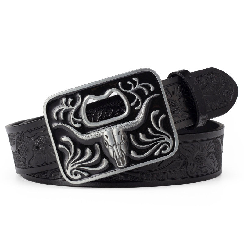 Mens Western Longhorn Tooled Cowboy Leather Belt Bottle Opener Buckle