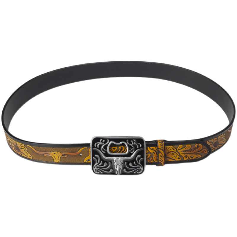 Mens Western Longhorn Tooled Cowboy Leather Belt Bottle Opener Buckle