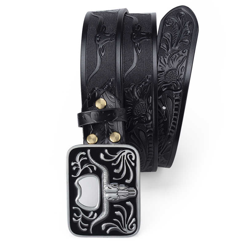 Mens Western Longhorn Tooled Cowboy Leather Belt Bottle Opener Buckle