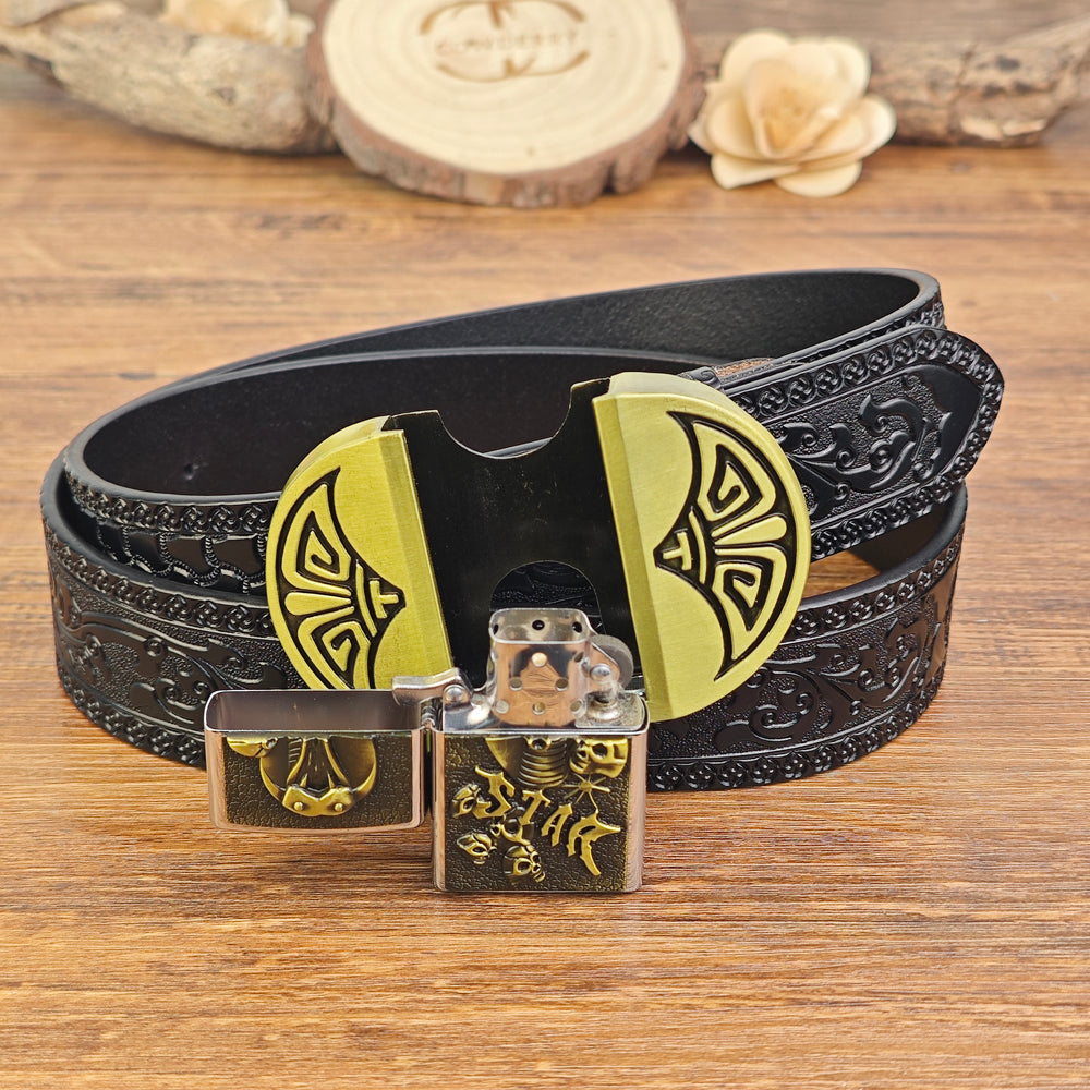 Mens Black Leather Belt with Hidden Lighter Cobra Skull Buckle