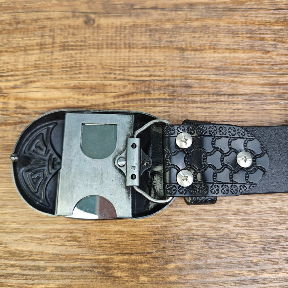 Mens Black Leather Belt with Hidden Lighter Cobra Skull Buckle
