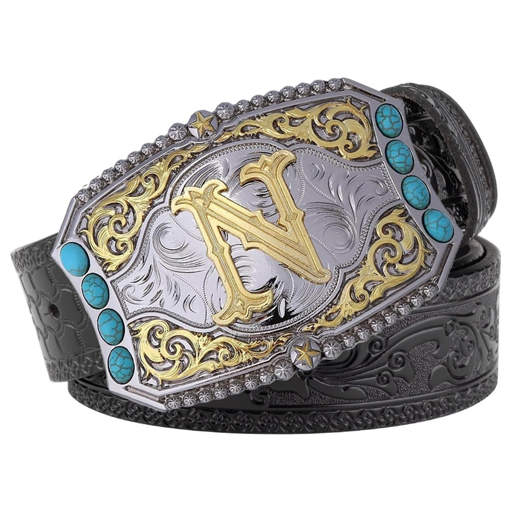 Western Cowboy Belt Turquoise Stones A-Z Initial Buckle