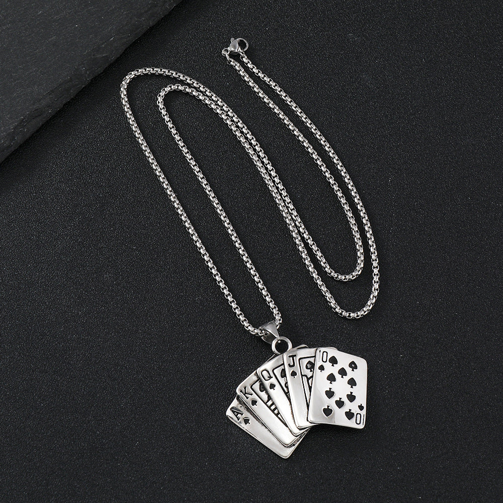 Royal Flush Spade Poker Stainless Steel Necklace