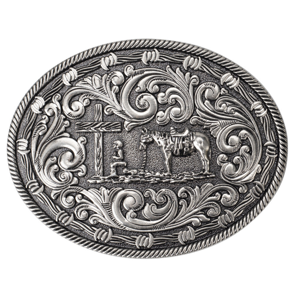 Western Oval Belt Buckle Cowboy Horse Cross Floral Scroll Rodeo