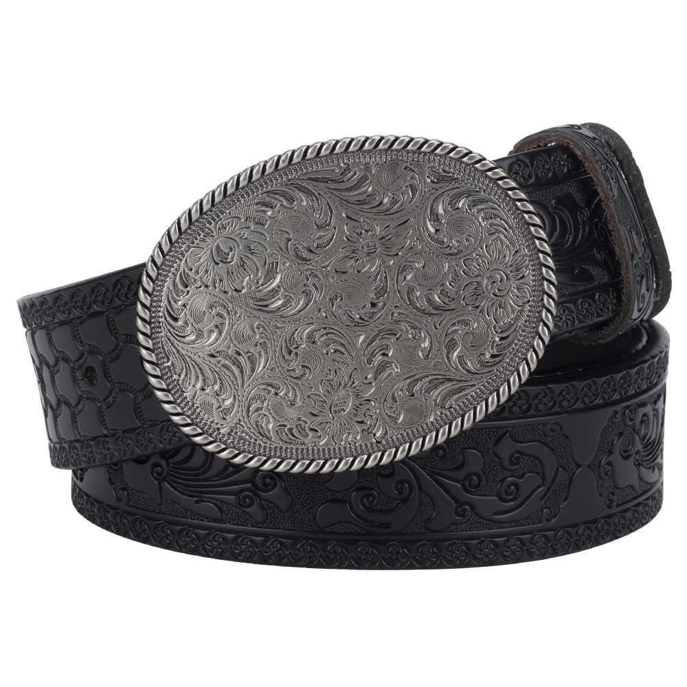 Western Floral Leather Belt with Engraved Oval Buckle