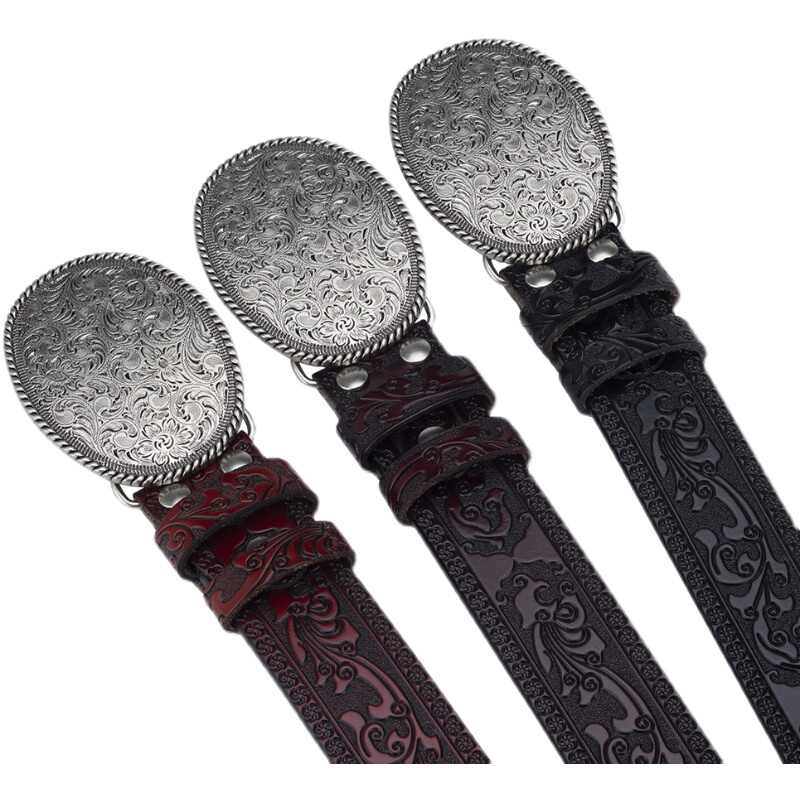 Western Floral Leather Belt with Engraved Oval Buckle