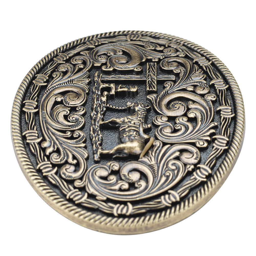 Western Oval Belt Buckle Cowboy Horse Cross Floral Scroll Rodeo