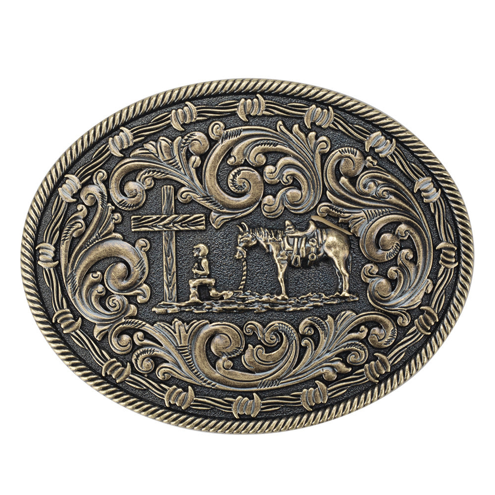 Western Oval Belt Buckle Cowboy Horse Cross Floral Scroll Rodeo