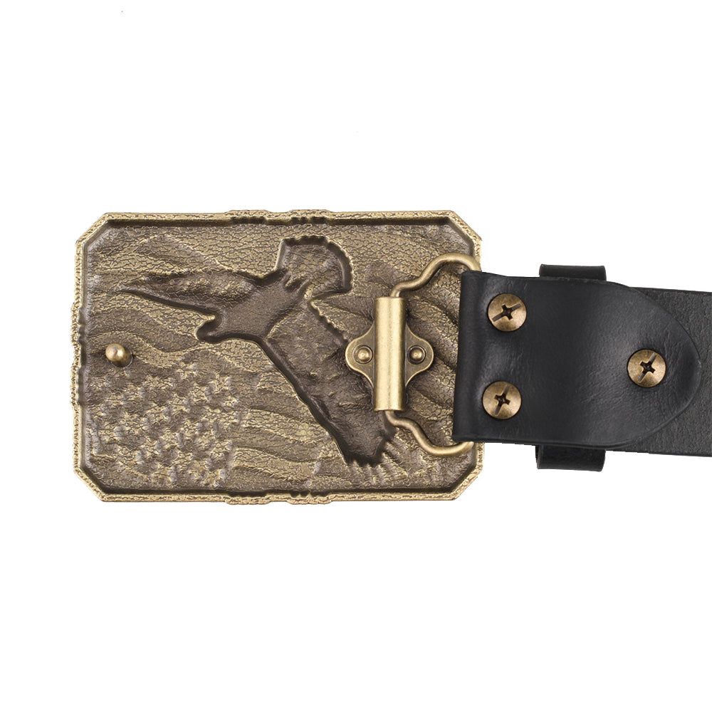 Mens Genuine Leather Belt Antique Bronze American Eagle Flag Square Buckle Patriot