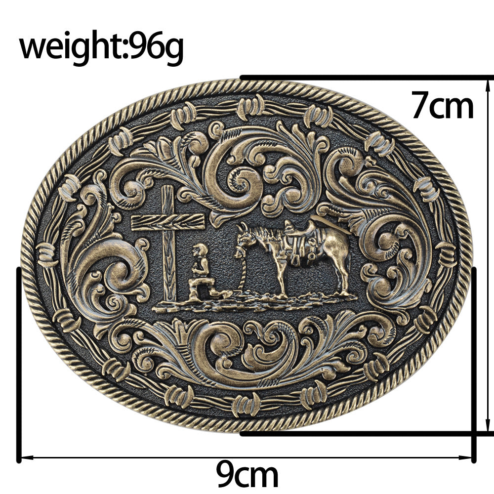 Western Oval Belt Buckle Cowboy Horse Cross Floral Scroll Rodeo