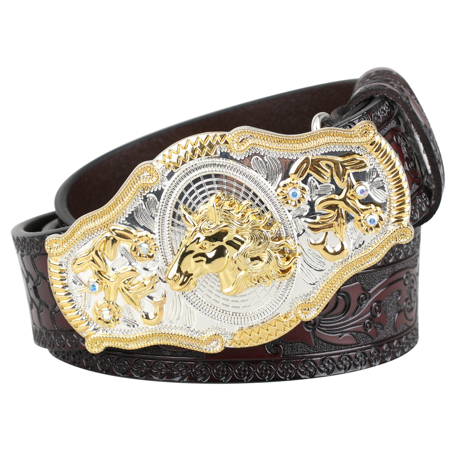 Black Western Leather Belt Gold Silver Rodeo Buckle Cowboy
