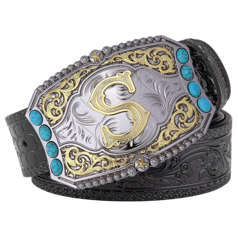 Western Cowboy Belt Turquoise Stones A-Z Initial Buckle