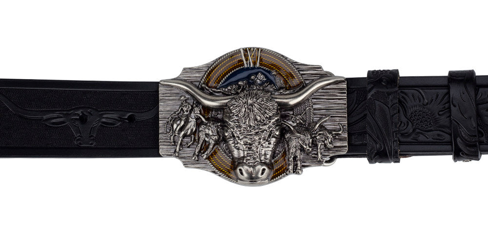 Texas Longhorn Bull Leather Cowboy Belt with Retro Rodeo Buckle