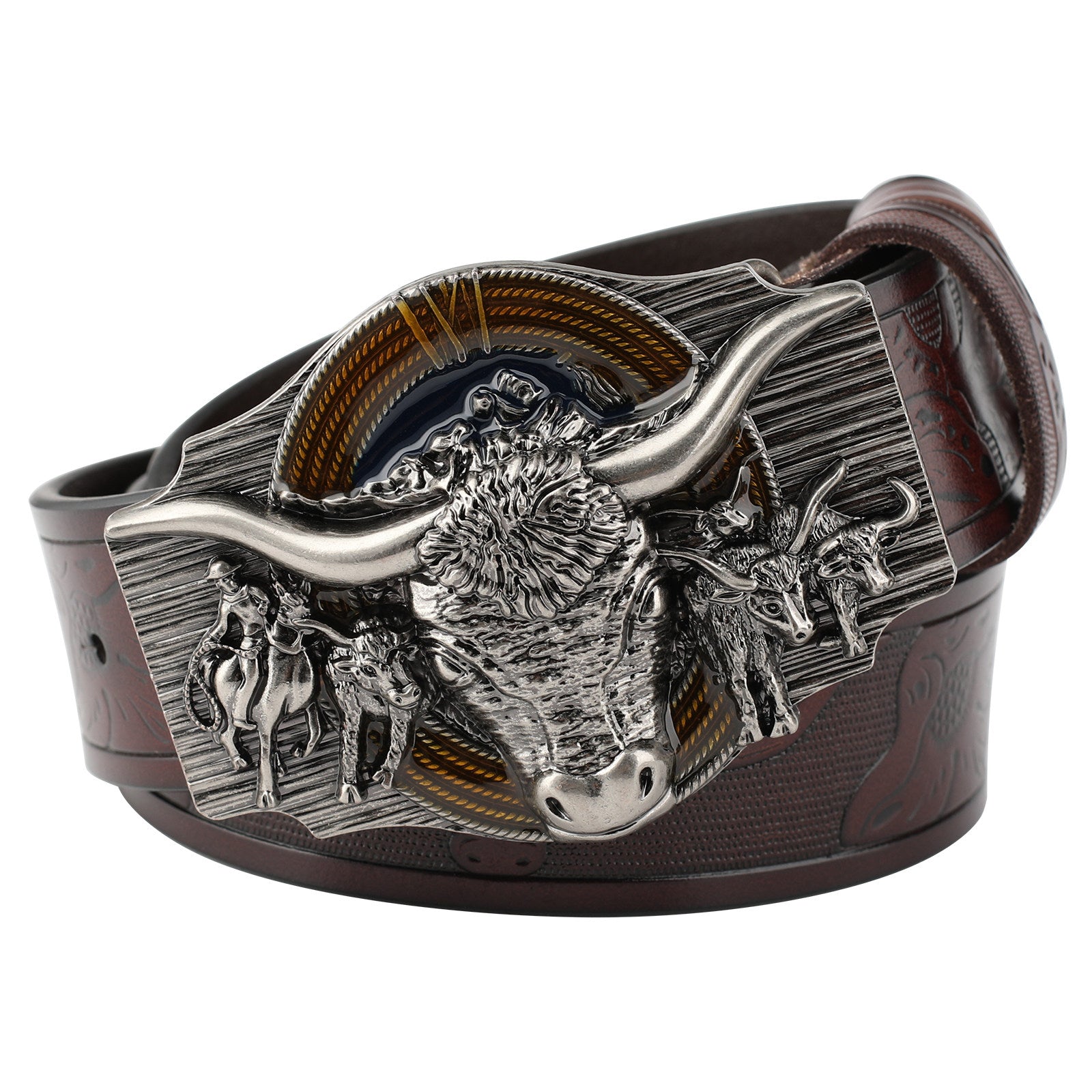 Texas Longhorn Bull Leather Cowboy Belt with Retro Rodeo Buckle