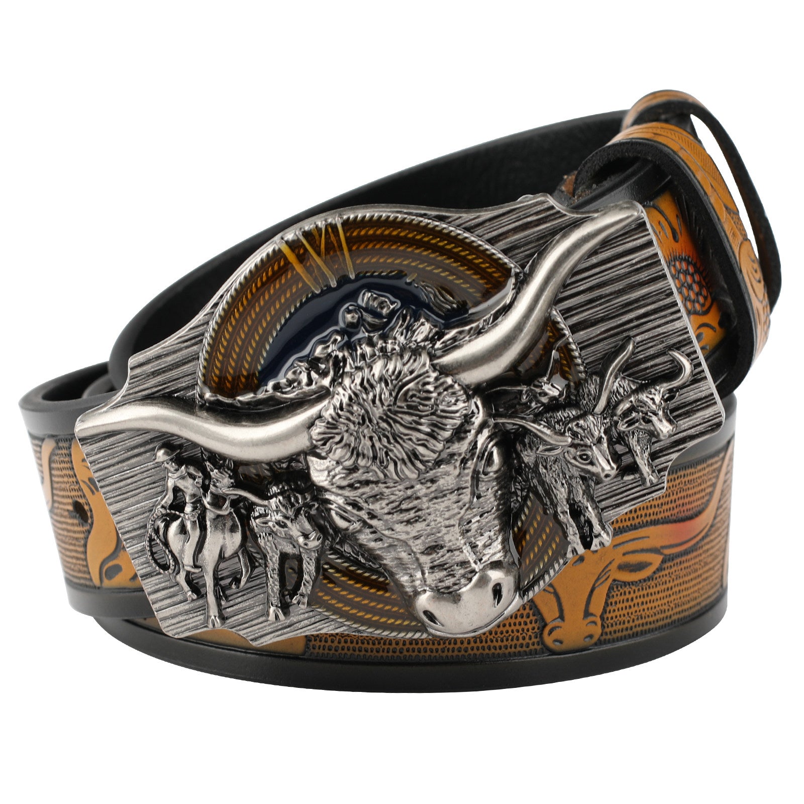 Texas Longhorn Bull Leather Cowboy Belt with Retro Rodeo Buckle