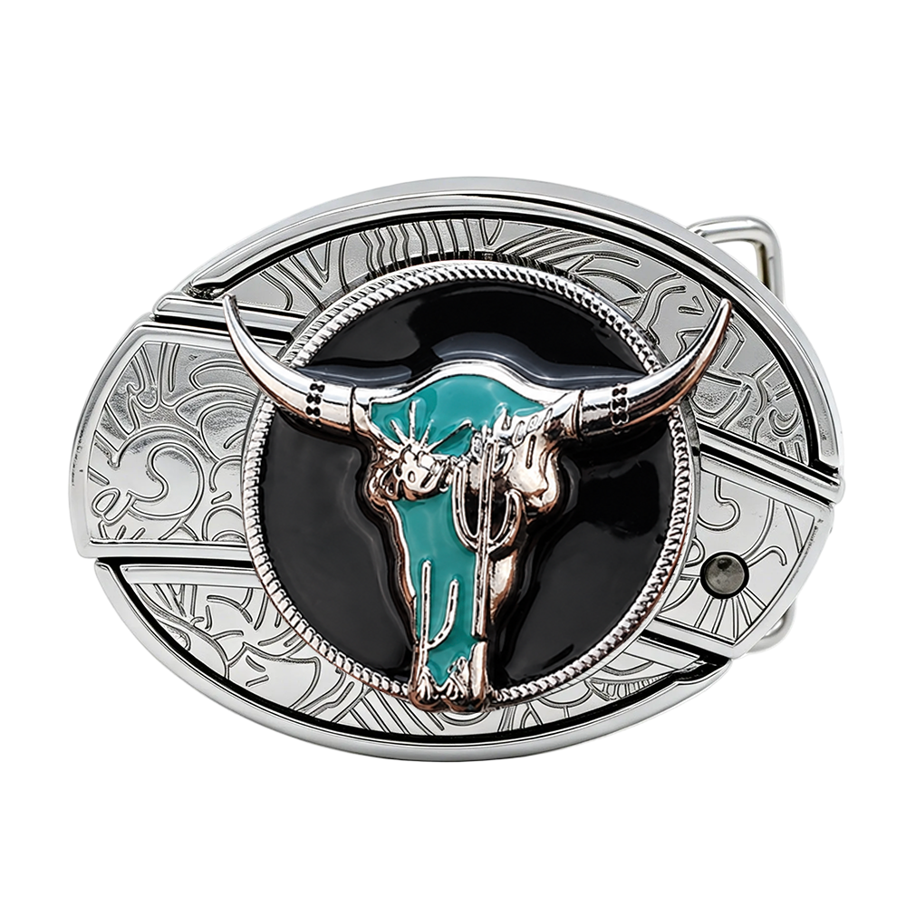 Turquoise Longhorn Skull Western Belt Buckle White