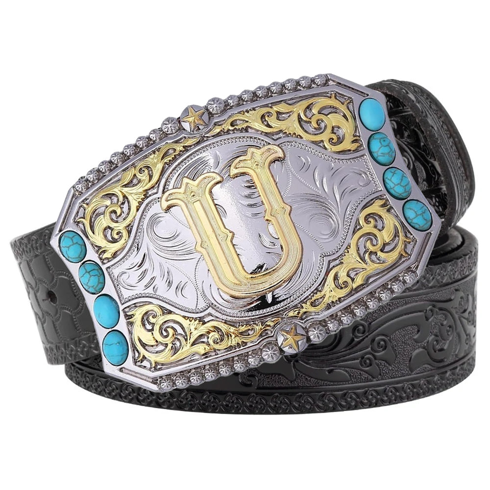 Western Cowboy Belt Turquoise Stones A-Z Initial Buckle
