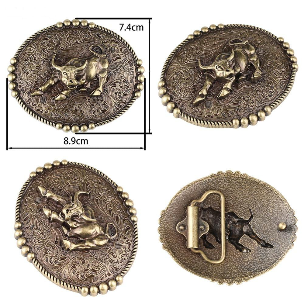 Vintage Bull Western Belt Buckle with Antique Bronze Engraving