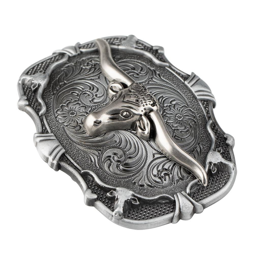 Western Belt Buckle Antique Silver Cowboy Boot Longhorn Floral Scroll