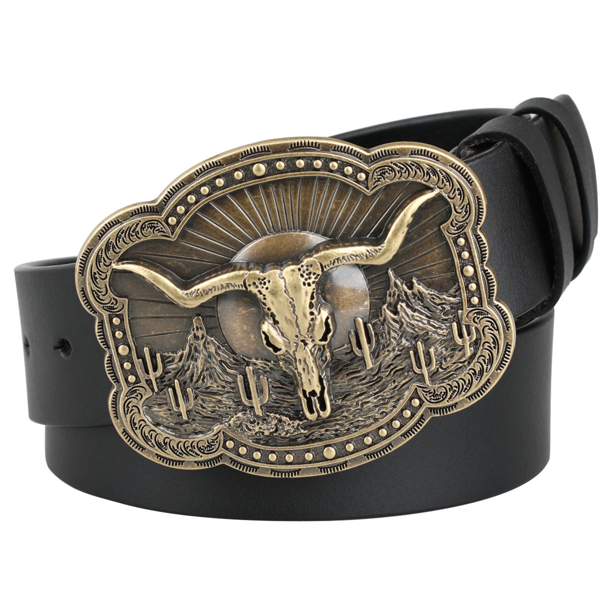 Western Belt with Antique Gold Bull Skull Buckle