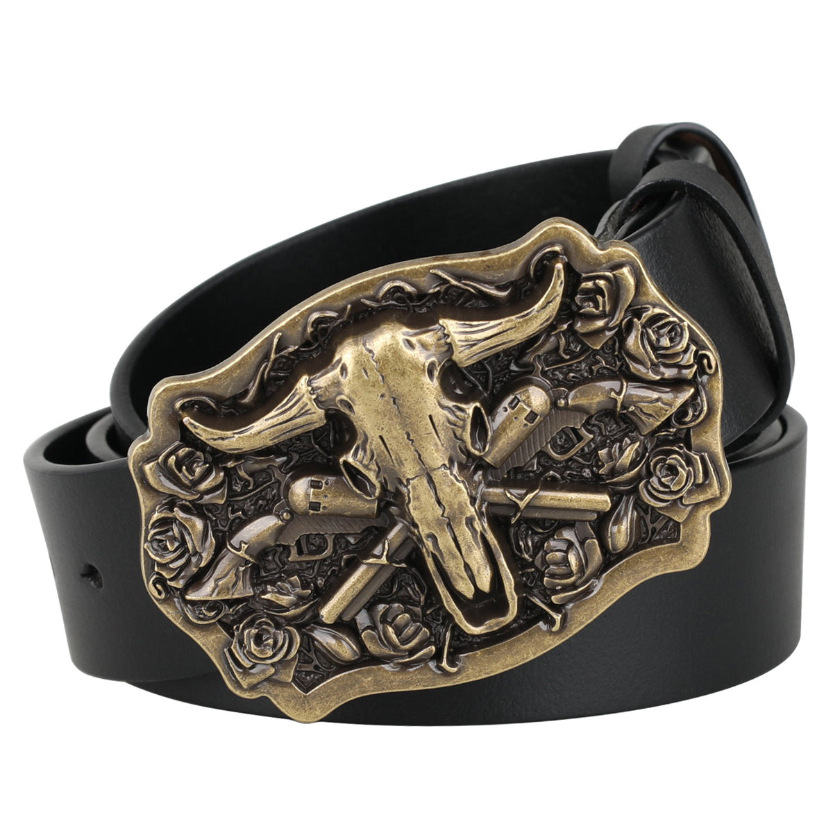 Western Belt with Antique Gold Bull Skull Buckle