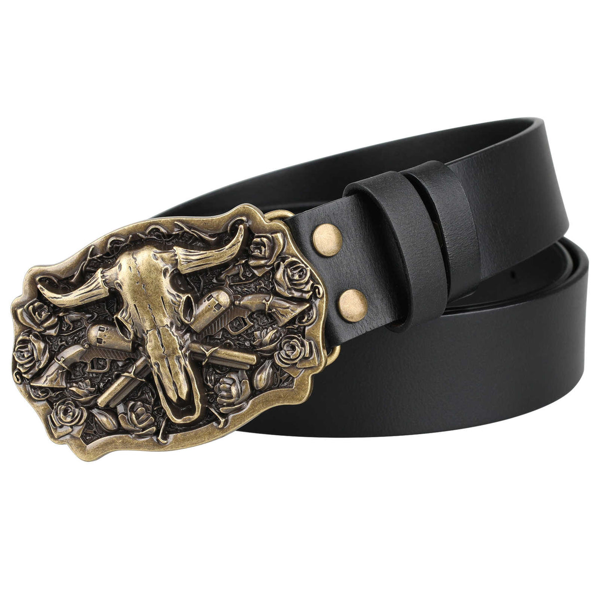 Western Belt with Antique Gold Bull Skull Buckle