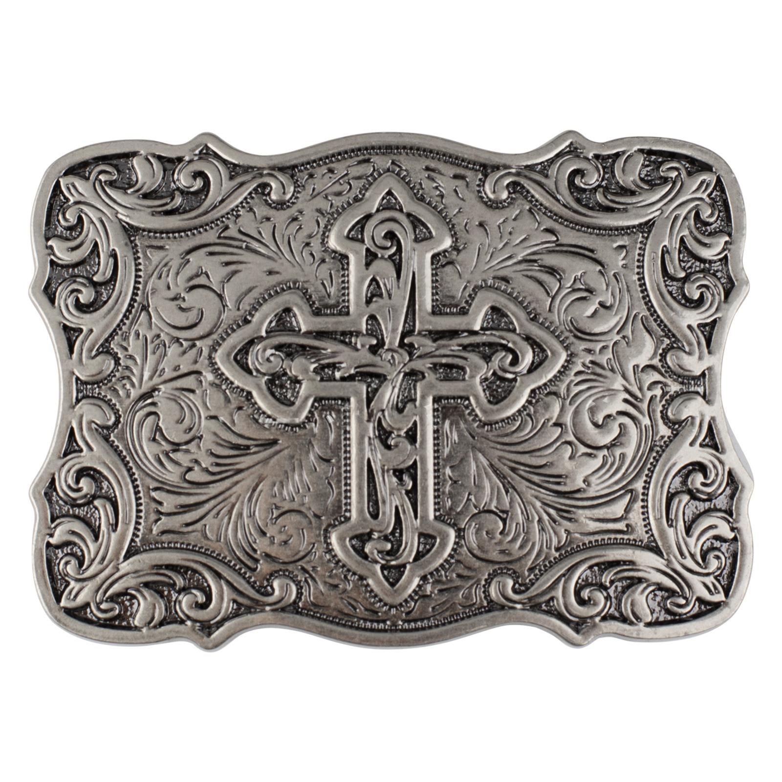 Western Cross Belt Buckle Antique Silver Floral Scroll Christian