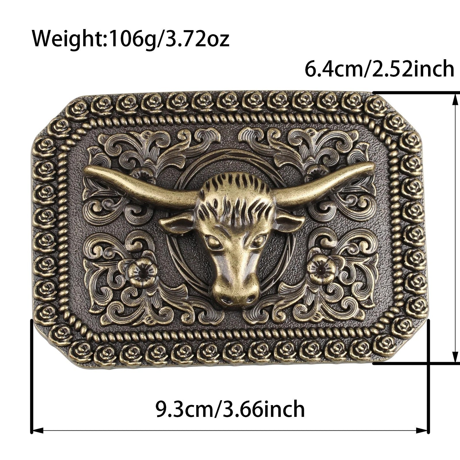 Western Longhorn Bull Belt Buckle Antique Bronze Floral Square Cowboy