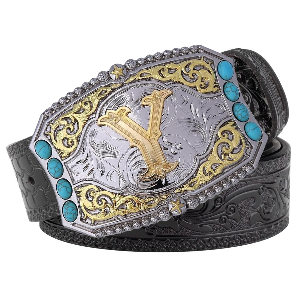 Western Cowboy Belt Turquoise Stones A-Z Initial Buckle