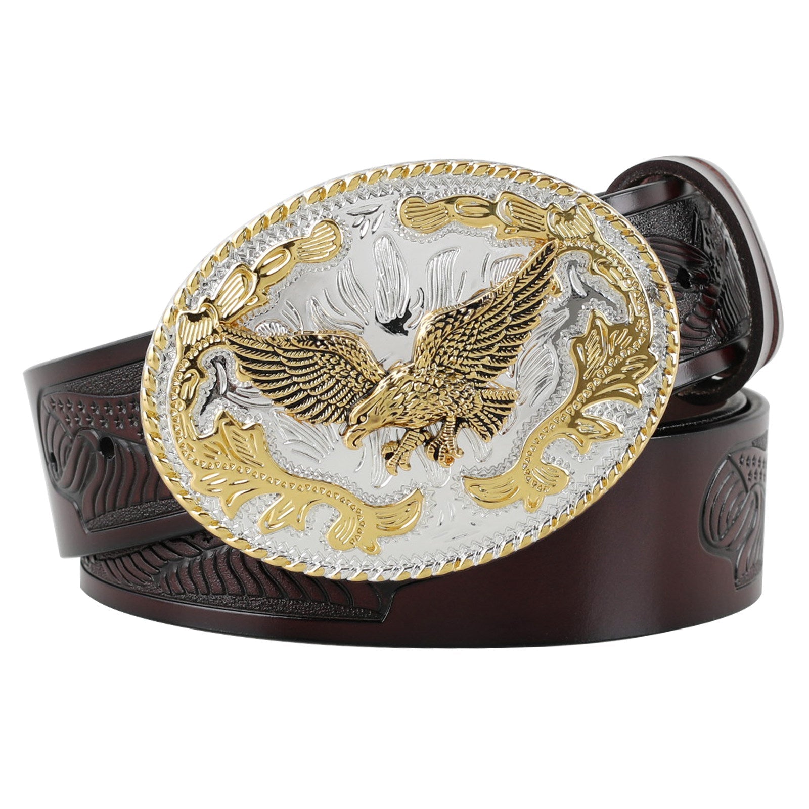 American Eagle Western Leather Belt with Gold Oval Buckle Patriot Cowboy - CowderryBeltsStyle 1