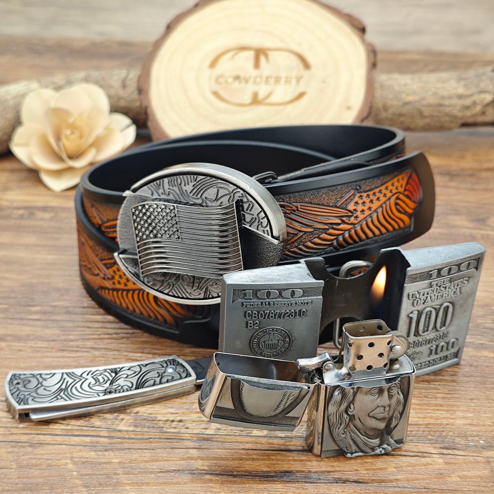 American Flag Belt and Money Lighter Buckle Set - CowderryBelts28-34 (Fit Waist 26-32 in)